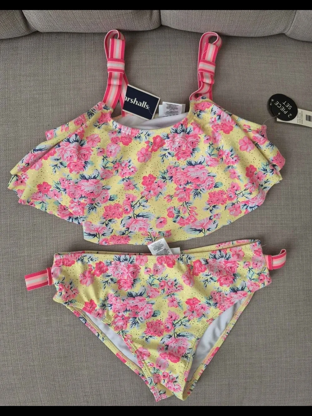 Nicole Miller Yellow Floral Ruffle Bikini with Pink Straps